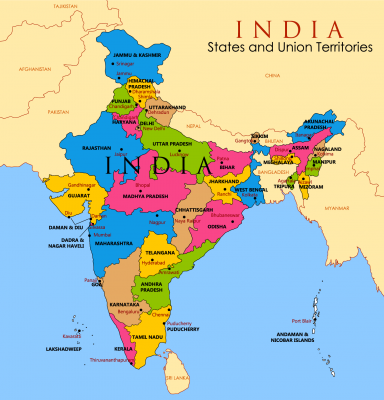 Karte Indien, Indische Gebiete, Provinezen, Regionen